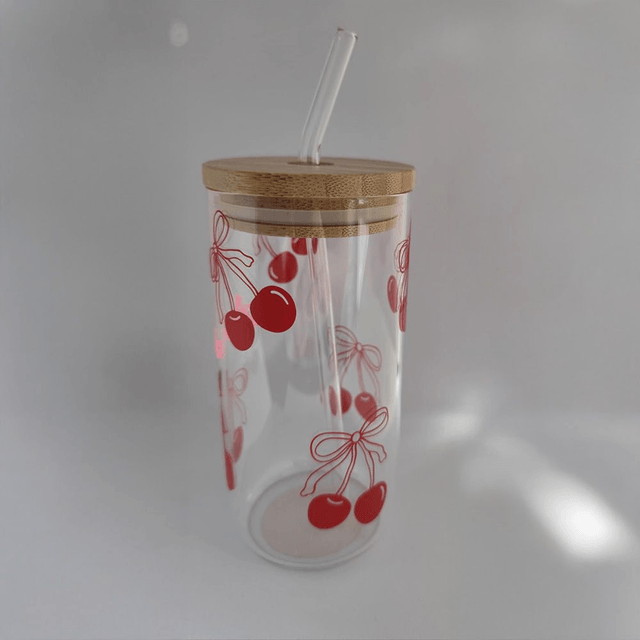 Cherry Glass Tumbler with Straw & Bamboo Lid 